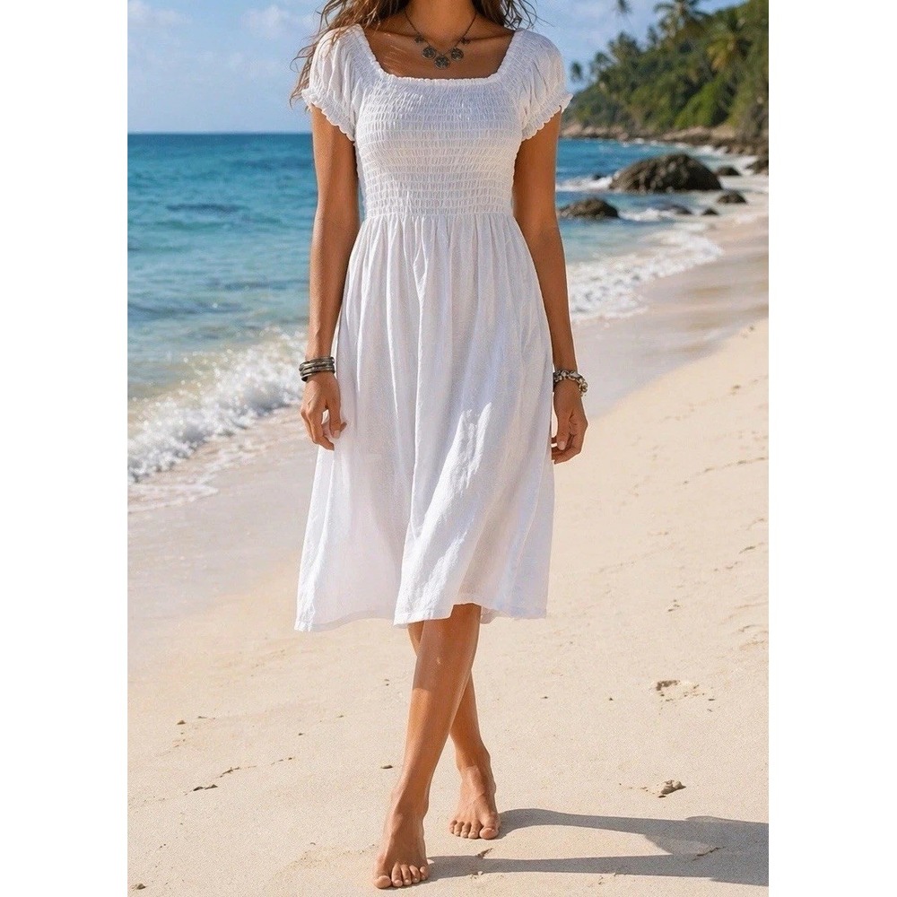 Peaceful People White Smocked Puff Sleeve Sarong Swimsuit Cover Summer Dress M